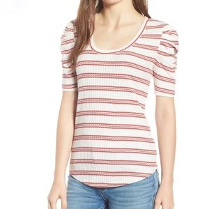 Hinge Striped Ribbed Ruched 3/4 Sleeve Top